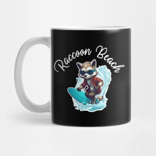 Raccoon Surfing - Raccoon Beach (White Lettering) Mug